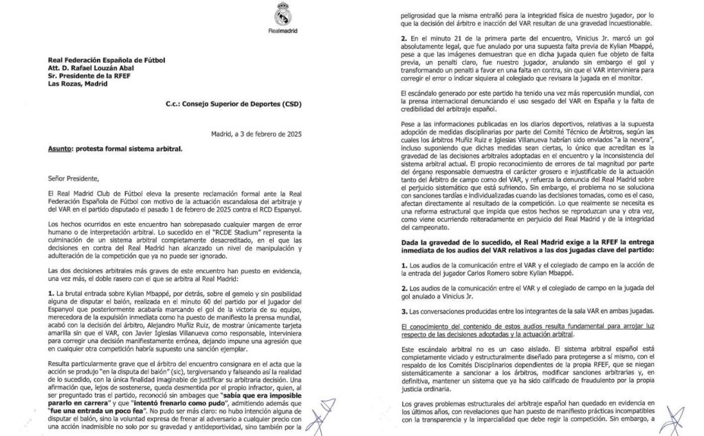 DURÍSIMA CARTA DEL REAL MADRID A LA&nbsp;RFEF