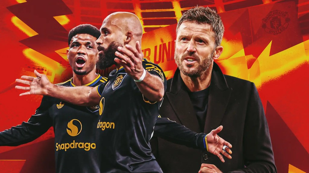 Imagen con Amad Diallo, Bryan Mbeumo y Michael Carrick; foto: Goal.com.